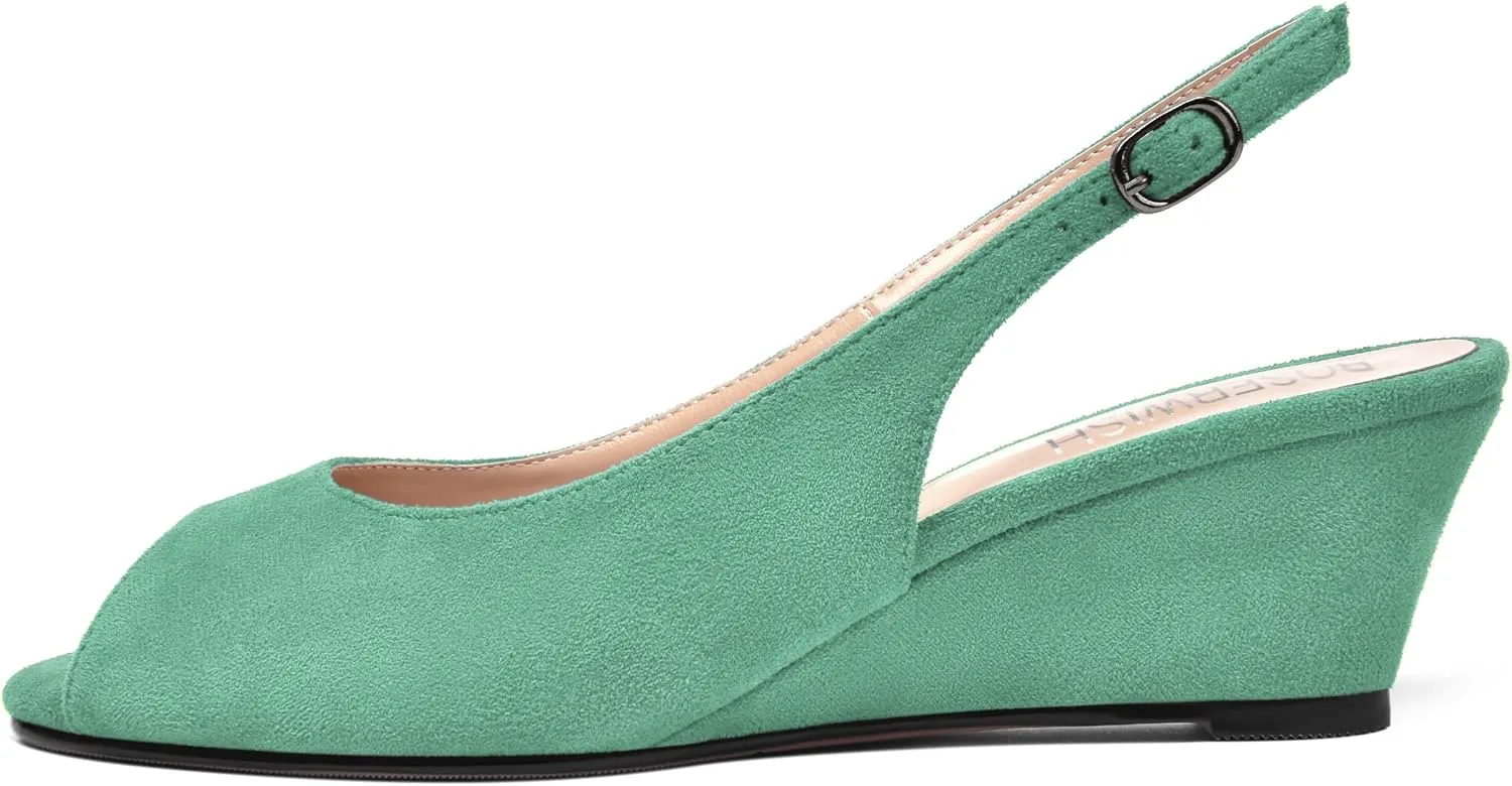 ROSERWISH Womens Casual Dating Buckle Stylish Peep Toe Suede Slingback Wedge Low Heel Pumps Shoes 2 Inch