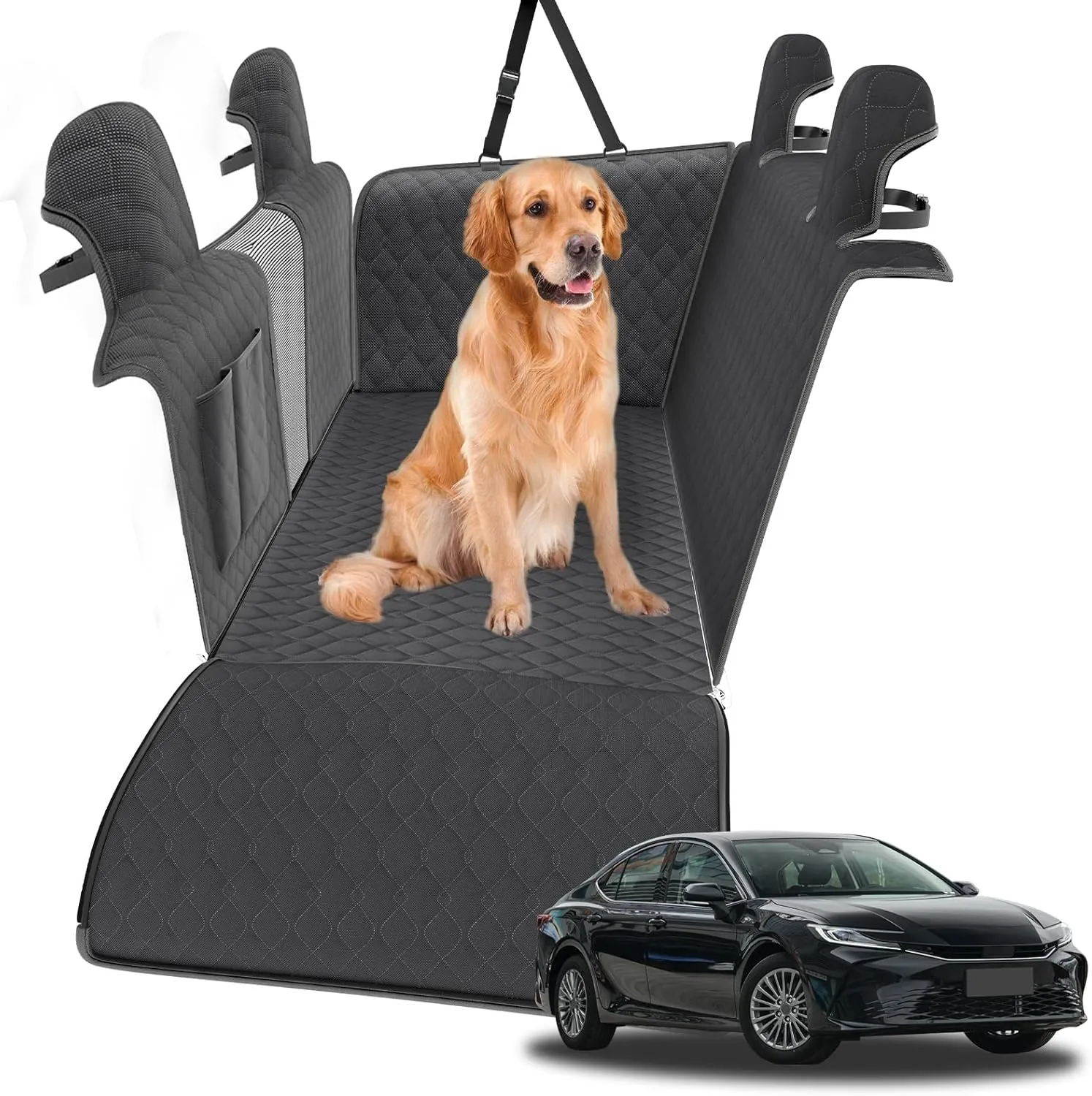 RUIANTE Dog Car Seat Cover Protector Compatible with Toyota Camry 2017-2023 Lexus UX Back Seat Pet Cover Dogs Hammock Backseat Cover with Side Flaps Storage Pocket Zip Mesh (Black)
