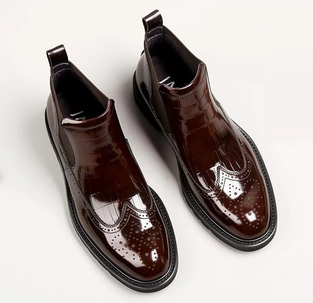Santimon Mens Chelsea Boots Patent Leather Brogue Ankle Dress Boots for Men Red