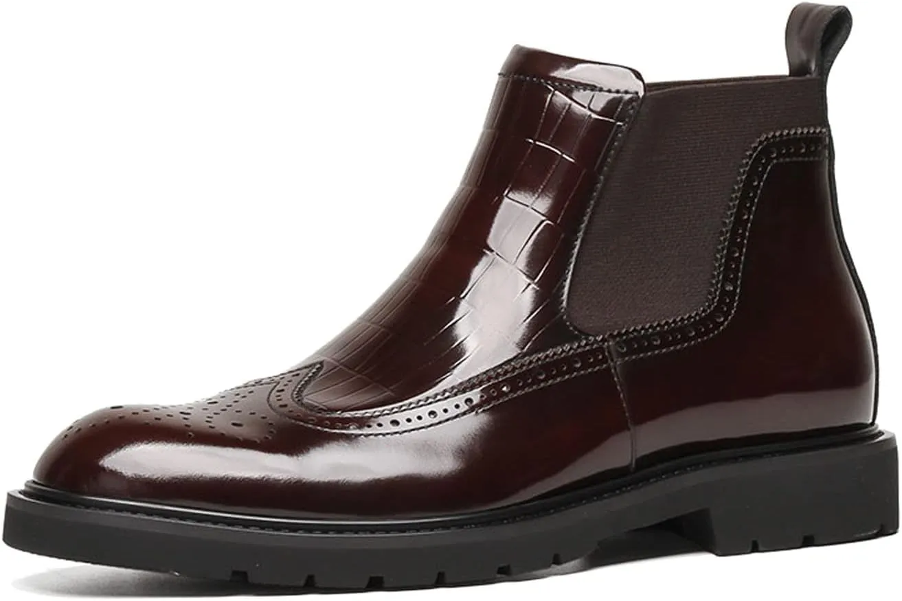 Santimon Mens Chelsea Boots Patent Leather Brogue Ankle Dress Boots for Men Red