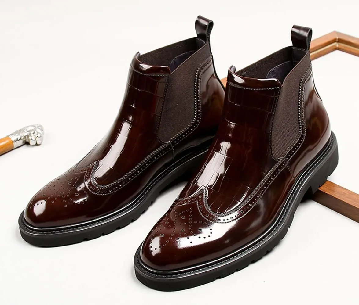 Santimon Mens Chelsea Boots Patent Leather Brogue Ankle Dress Boots for Men Red