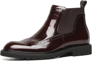 Santimon Mens Chelsea Boots Patent Leather Brogue Ankle Dress Boots for Men Red