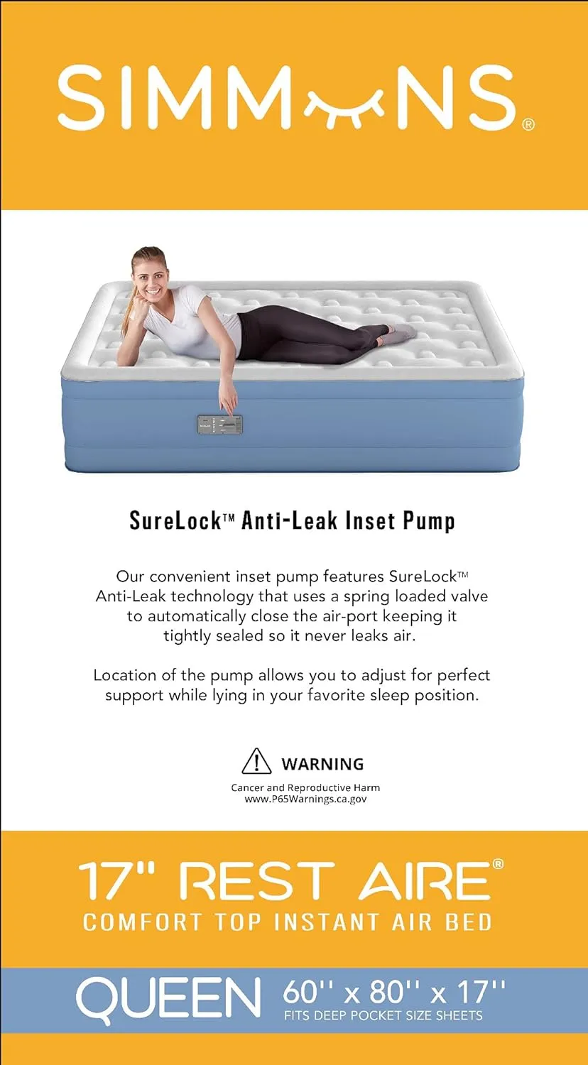 Simmons Rest Aire Mattress Air Bed with Side Built-in Pump and Soft Velveteen Topper, 17" Queen