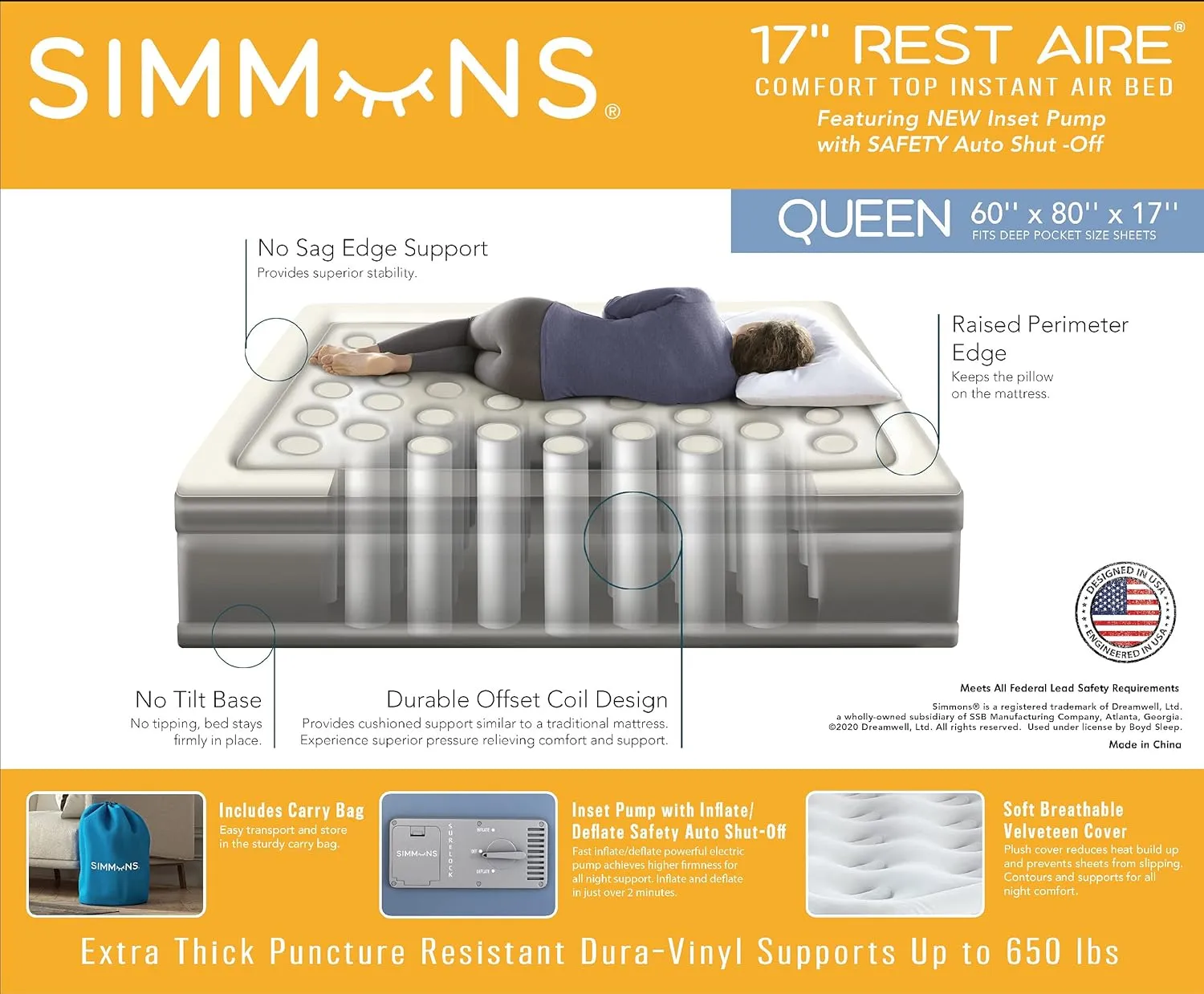 Simmons Rest Aire Mattress Air Bed with Side Built-in Pump and Soft Velveteen Topper, 17" Queen