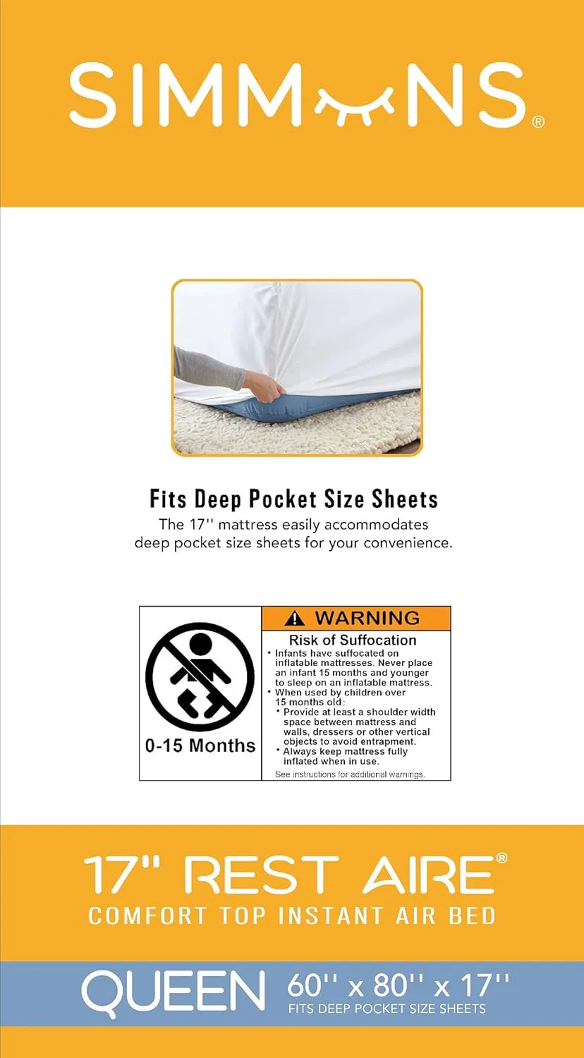 Simmons Rest Aire Mattress Air Bed with Side Built-in Pump and Soft Velveteen Topper, 17" Queen