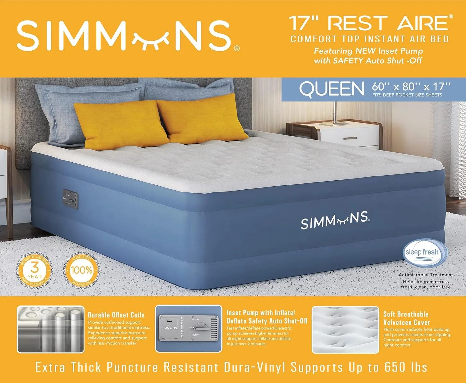 Simmons Rest Aire Mattress Air Bed with Side Built-in Pump and Soft Velveteen Topper, 17" Queen