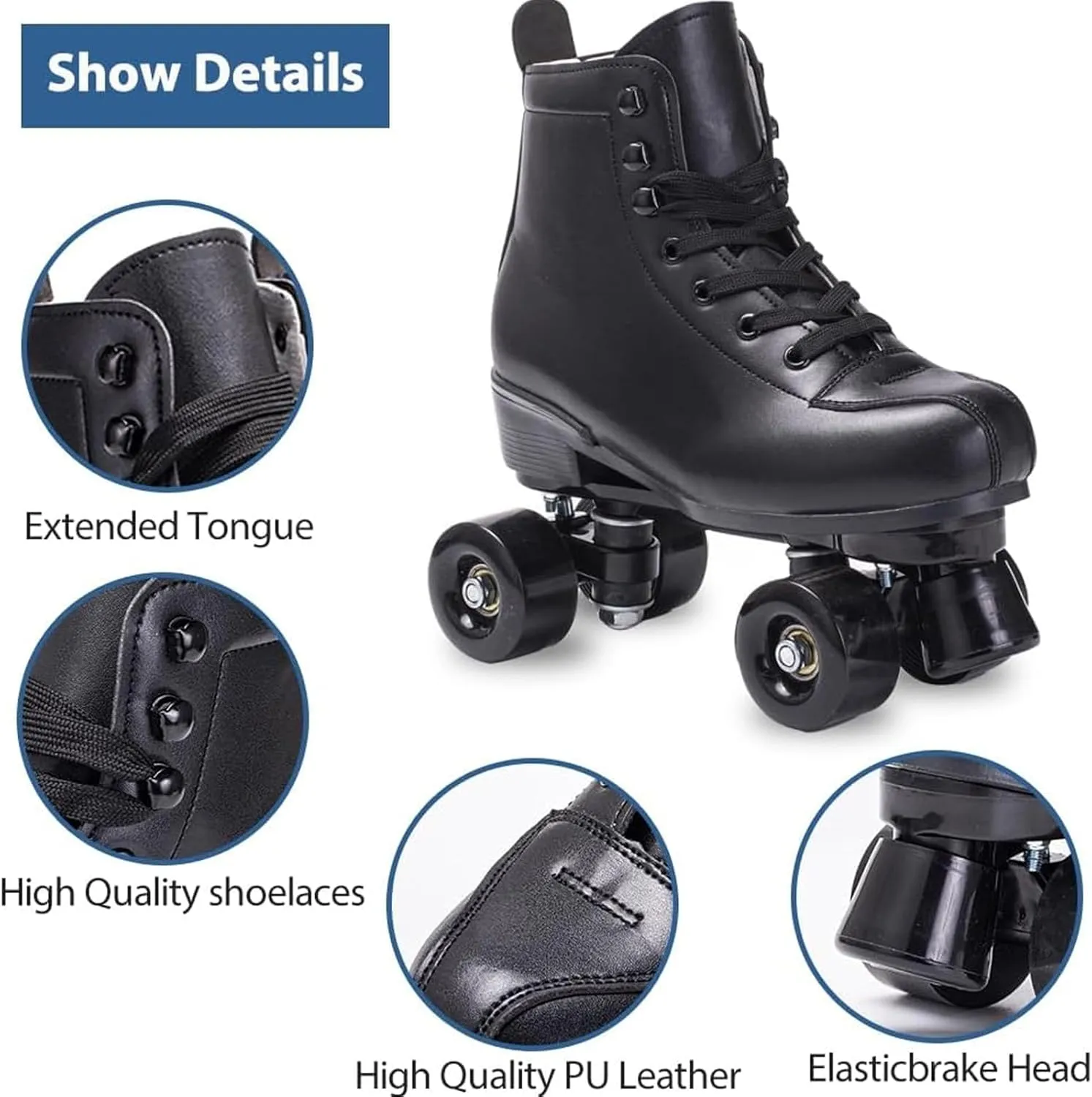 Skates Women's Men's High Top Black PU Leather Classic Double Row Adjustable Outdoor Indoor Quad Skates and Roller Derby