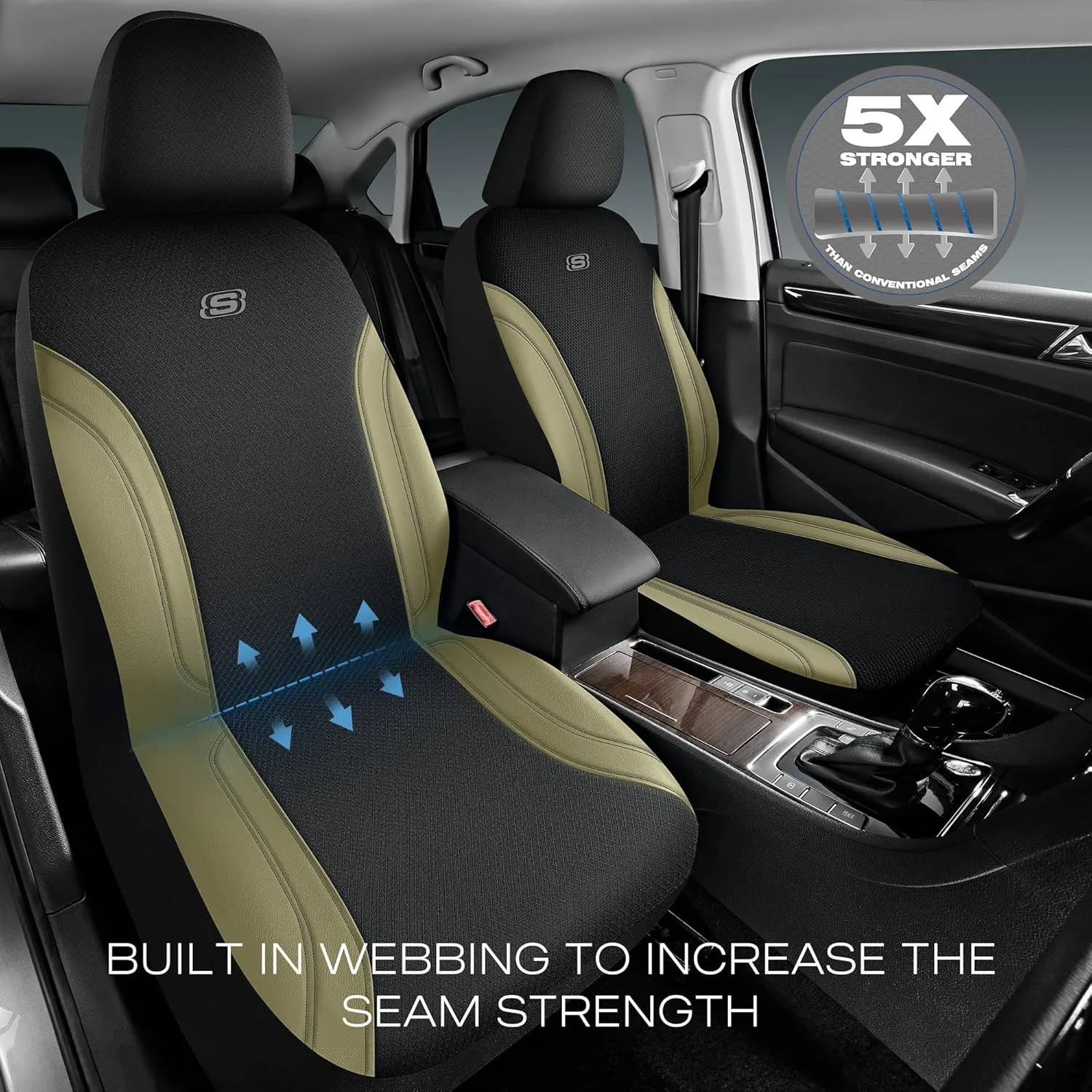 Skechers Work Car Seat Covers, Leather Seat Covers 5-Times Stronger Built-in Webbing, Oxford Fabric Seat Cover for Cars, Airbag Compatible, Automotive Comfort for Cars, Trucks, SUVs (Beige, Full Set)