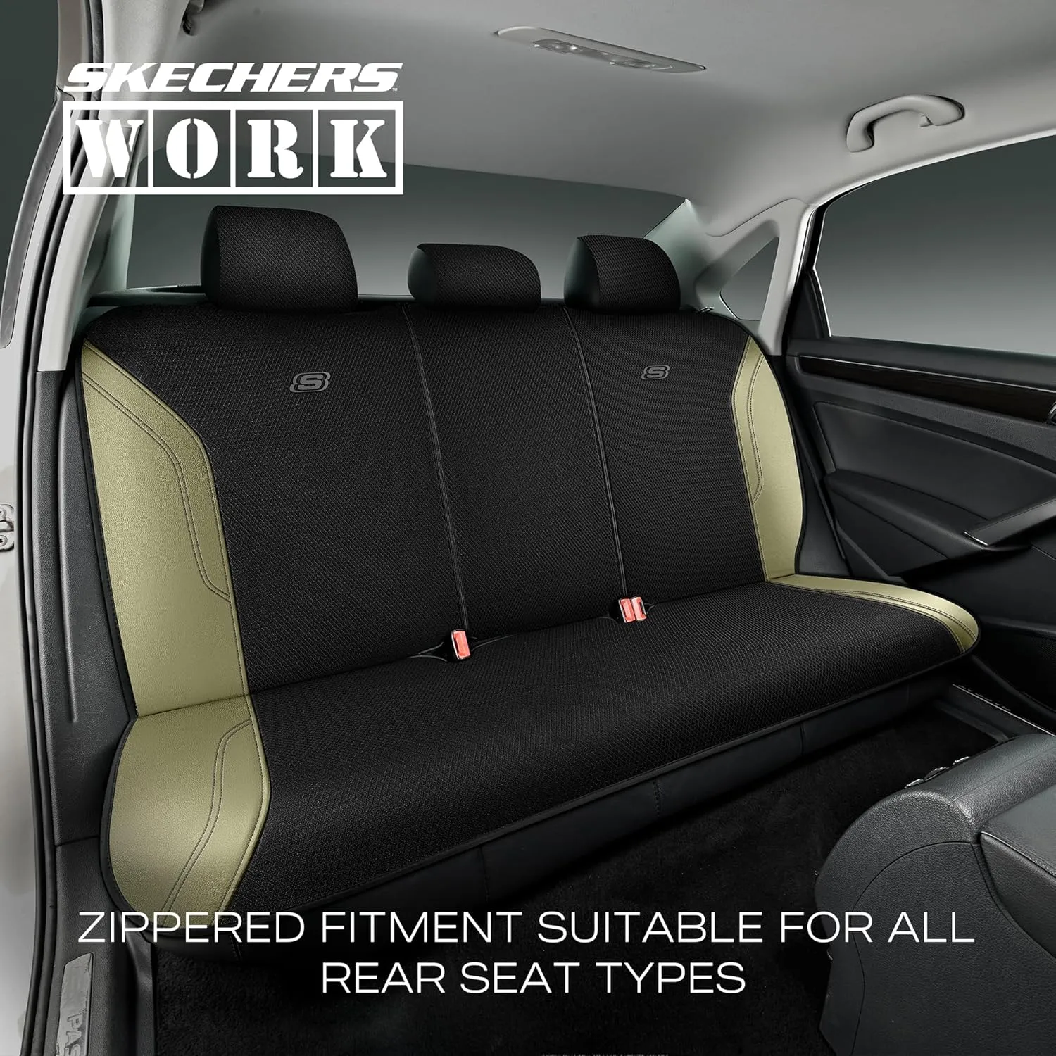 Skechers Work Car Seat Covers, Leather Seat Covers 5-Times Stronger Built-in Webbing, Oxford Fabric Seat Cover for Cars, Airbag Compatible, Automotive Comfort for Cars, Trucks, SUVs (Beige, Full Set)