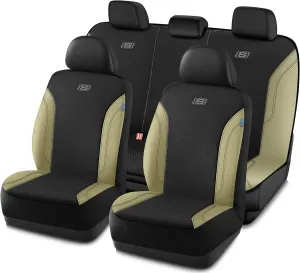 Skechers Work Car Seat Covers, Leather Seat Covers 5-Times Stronger Built-in Webbing, Oxford Fabric Seat Cover for Cars, Airbag Compatible, Automotive Comfort for Cars, Trucks, SUVs (Beige, Full Set)