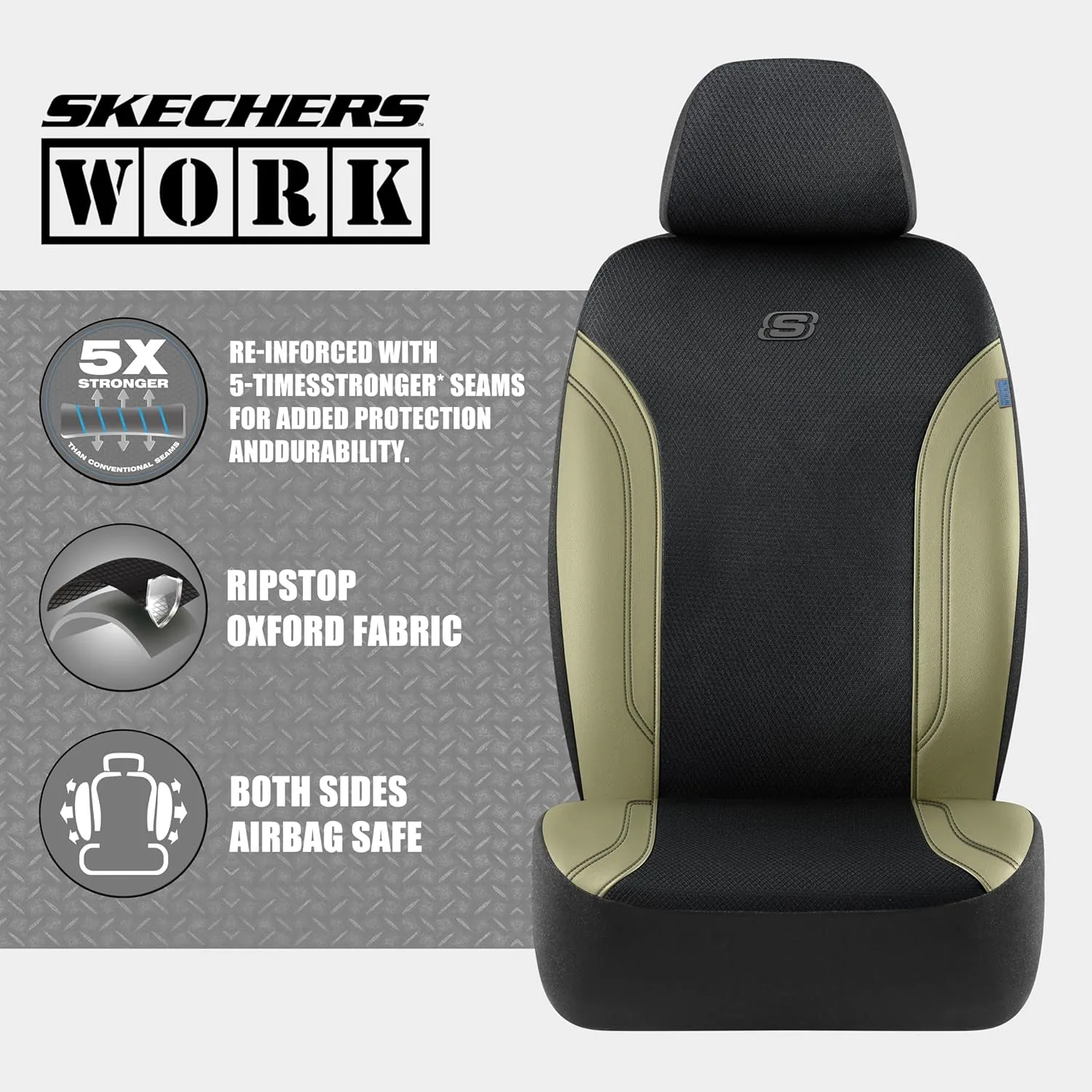Skechers Work Car Seat Covers, Leather Seat Covers 5-Times Stronger Built-in Webbing, Oxford Fabric Seat Cover for Cars, Airbag Compatible, Automotive Comfort for Cars, Trucks, SUVs (Beige, Full Set)