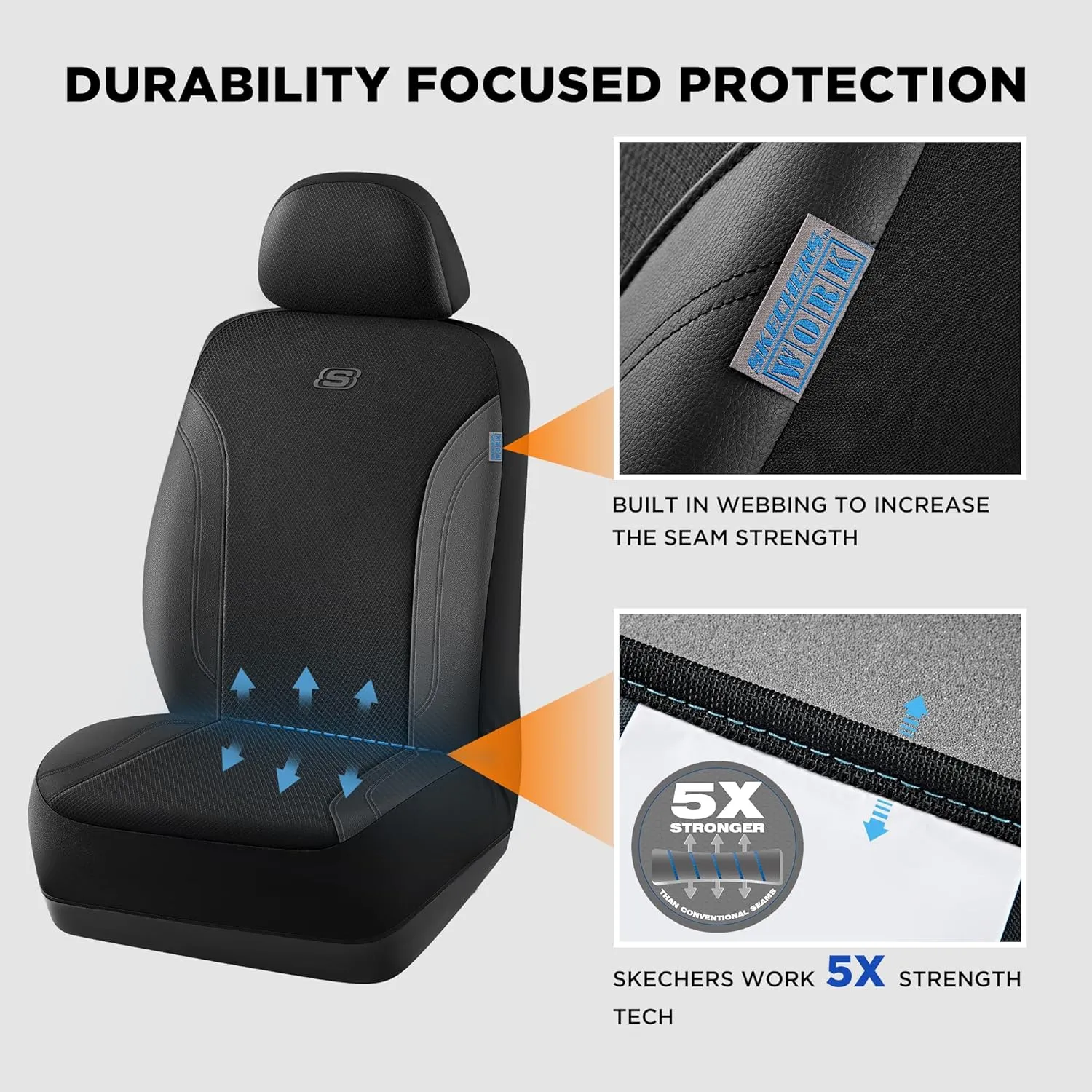 Skechers Work Car Seat Covers, Leather Seat Covers 5-Times Stronger Built-in Webbing, Oxford Fabric Seat Cover for Cars, Airbag Compatible, Automotive Comfort for Cars, Trucks, SUVs (Black, Two Front)