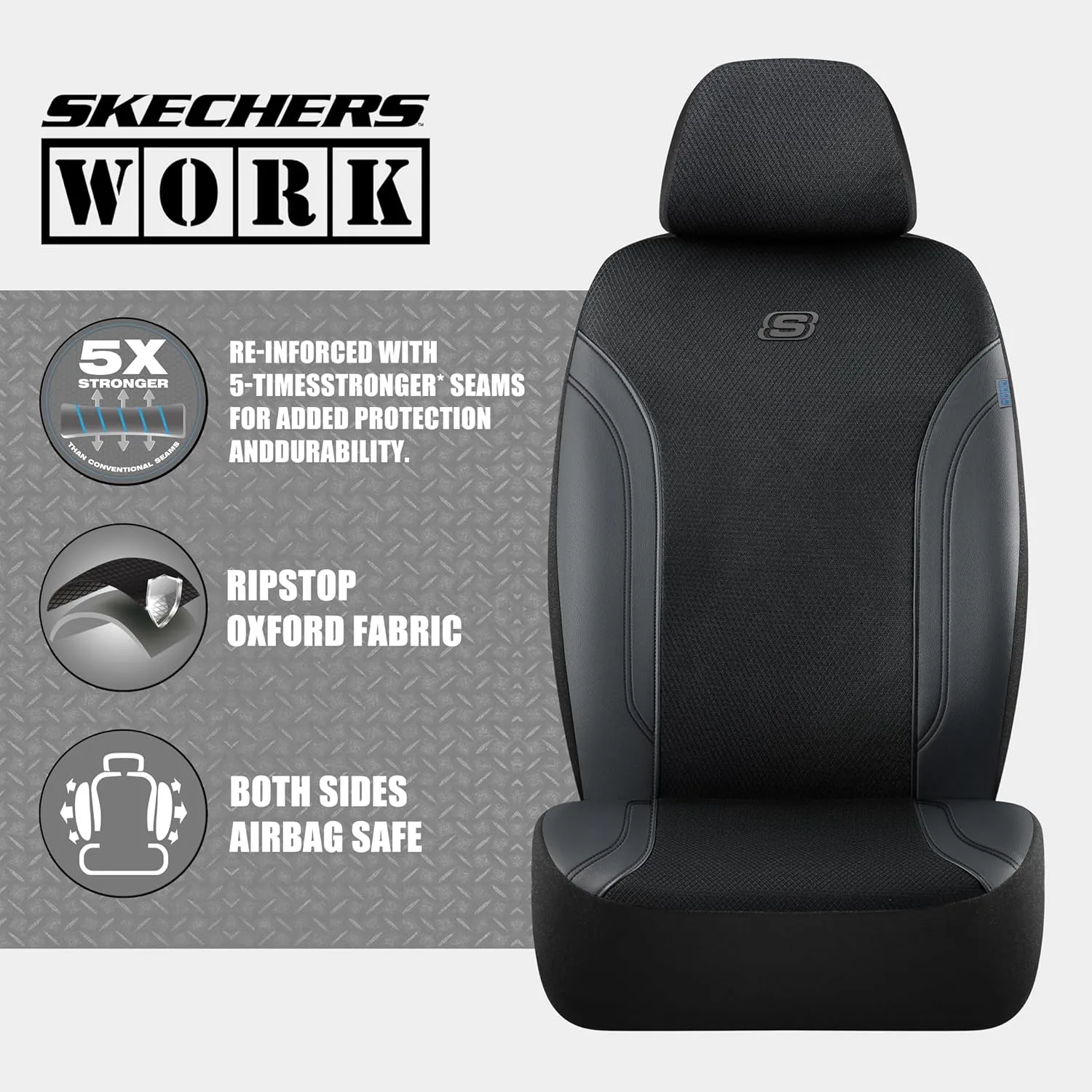 Skechers Work Car Seat Covers, Leather Seat Covers 5-Times Stronger Built-in Webbing, Oxford Fabric Seat Cover for Cars, Airbag Compatible, Automotive Comfort for Cars, Trucks, SUVs (Black, Two Front)