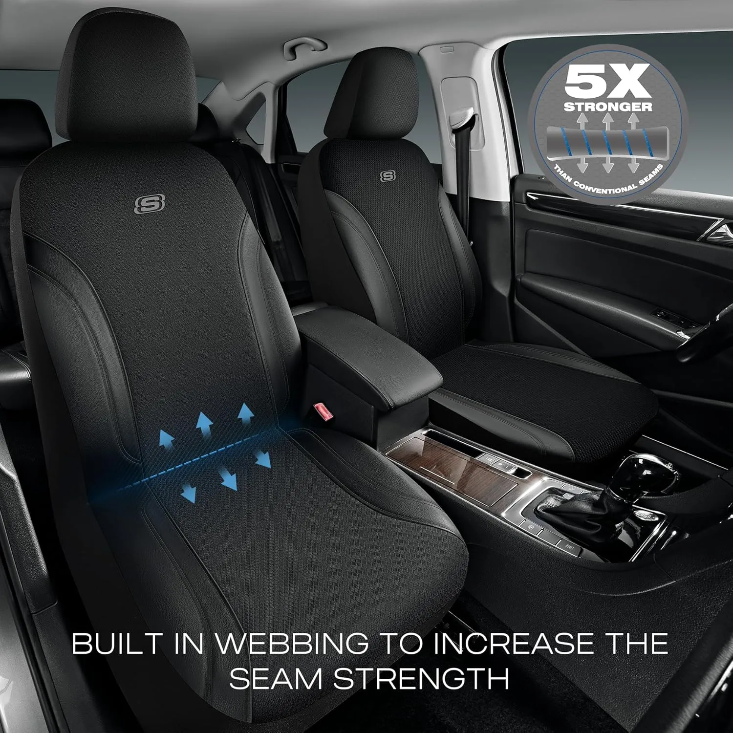 Skechers Work Car Seat Covers, Leather Seat Covers 5-Times Stronger Built-in Webbing, Oxford Fabric Seat Cover for Cars, Airbag Compatible, Automotive Comfort for Cars, Trucks, SUVs (Black, Two Front)