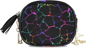Small Crossbody Bag Colored Crack Marble Texture Womens Shoulder Chain Bag PU Leather Small Purse With Tassel