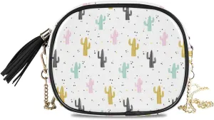 Small Crossbody Bag Colored Exotic Cactus Womens Shoulder Chain Bag PU Leather Small Purse With Tassel