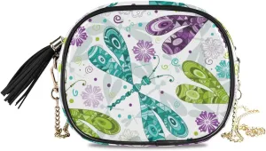 Small Crossbody Bag Doodle Mosaic Colorful Gragonflies Womens Shoulder Chain Bag PU Leather Small Purse With Tassel