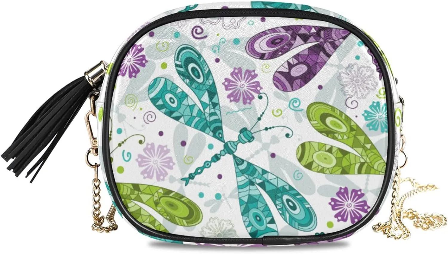 Small Crossbody Bag Doodle Mosaic Colorful Gragonflies Womens Shoulder Chain Bag PU Leather Small Purse With Tassel