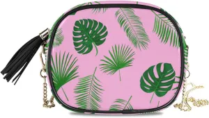 Small Crossbody Bag Exotic Palm Leaves Womens Shoulder Chain Bag PU Leather Small Purse With Tassel