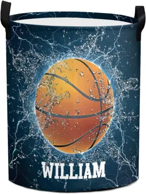 Sport Basketball Water Personalized Waterproof Foldable Laundry Basket Bag with Handle, Custom Collapsible Clothes Hamper Storage Bin for Toys Laundry Dorm Travel Bathroom