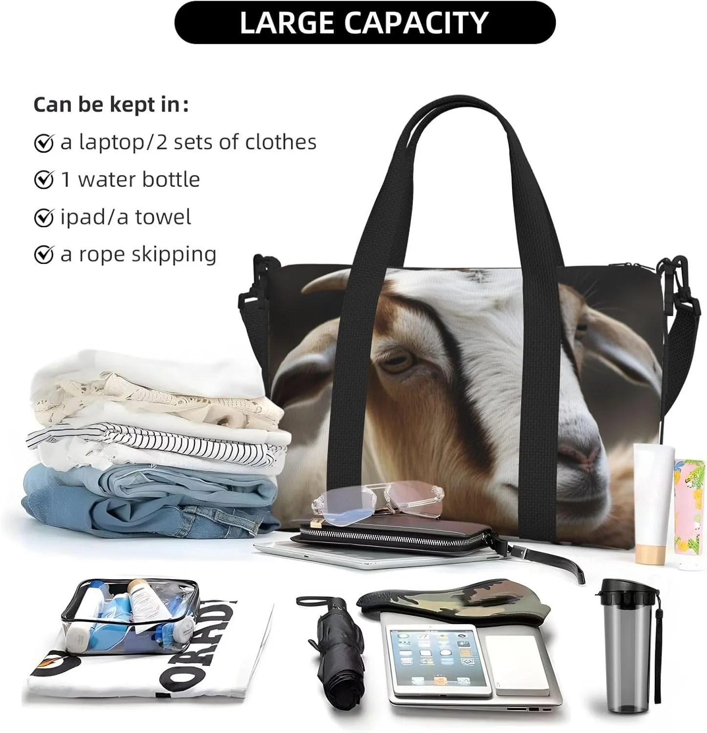 Sports Gym Bag for Women Men Travel Duffel Bag Tote Animals Goat Weekender Bag Canvas Carry on Overnight Bag for Travel Swimming Fitness Workout Sports Duffle Bag
