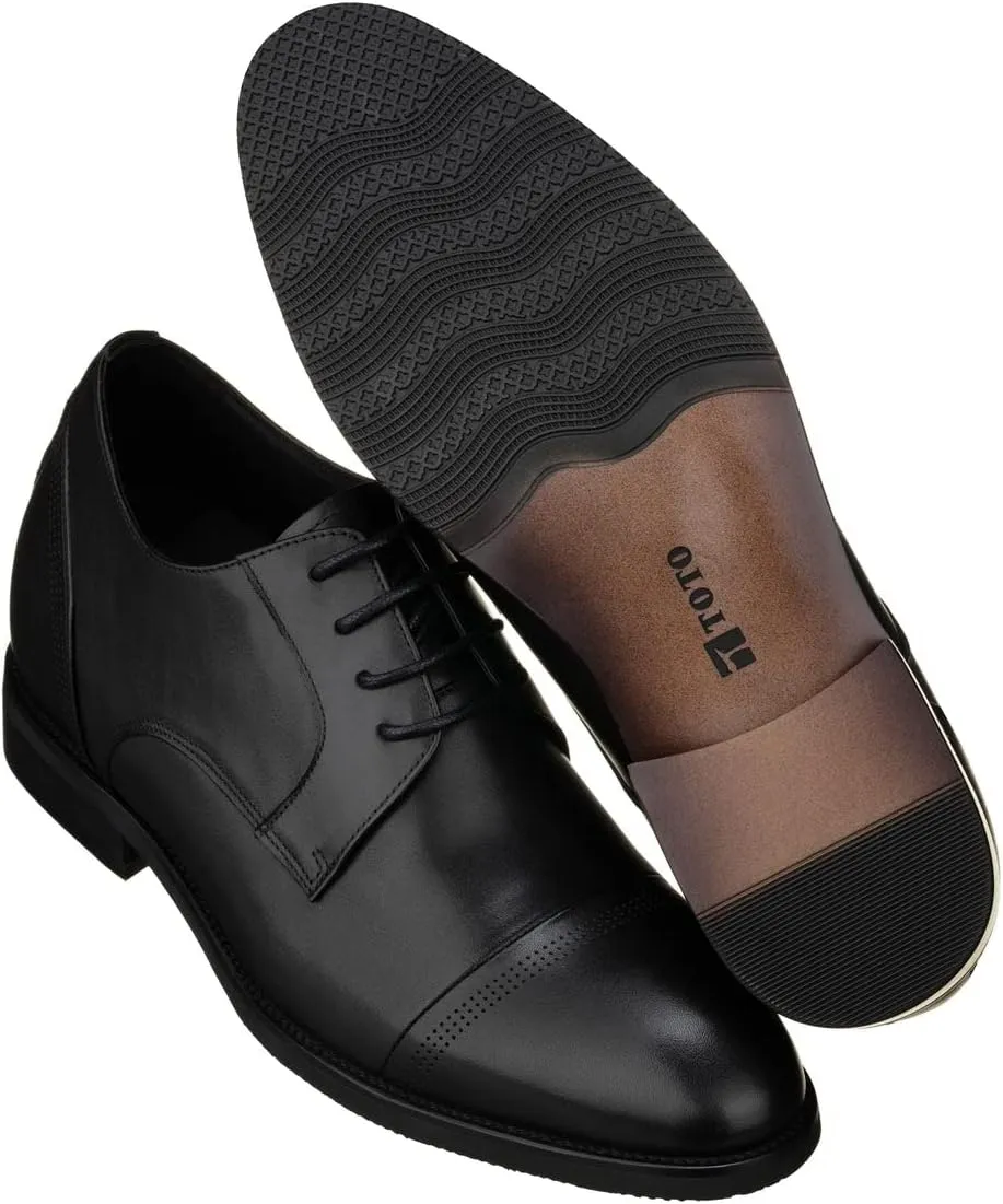 TOTO Men's Invisible Height Increasing Elevator Shoes - Black Premium Leather Lace-up Micro-Perforated Formal Derby Oxfords - 2.8 Inches Taller - K9277- Size 12 D(M) US