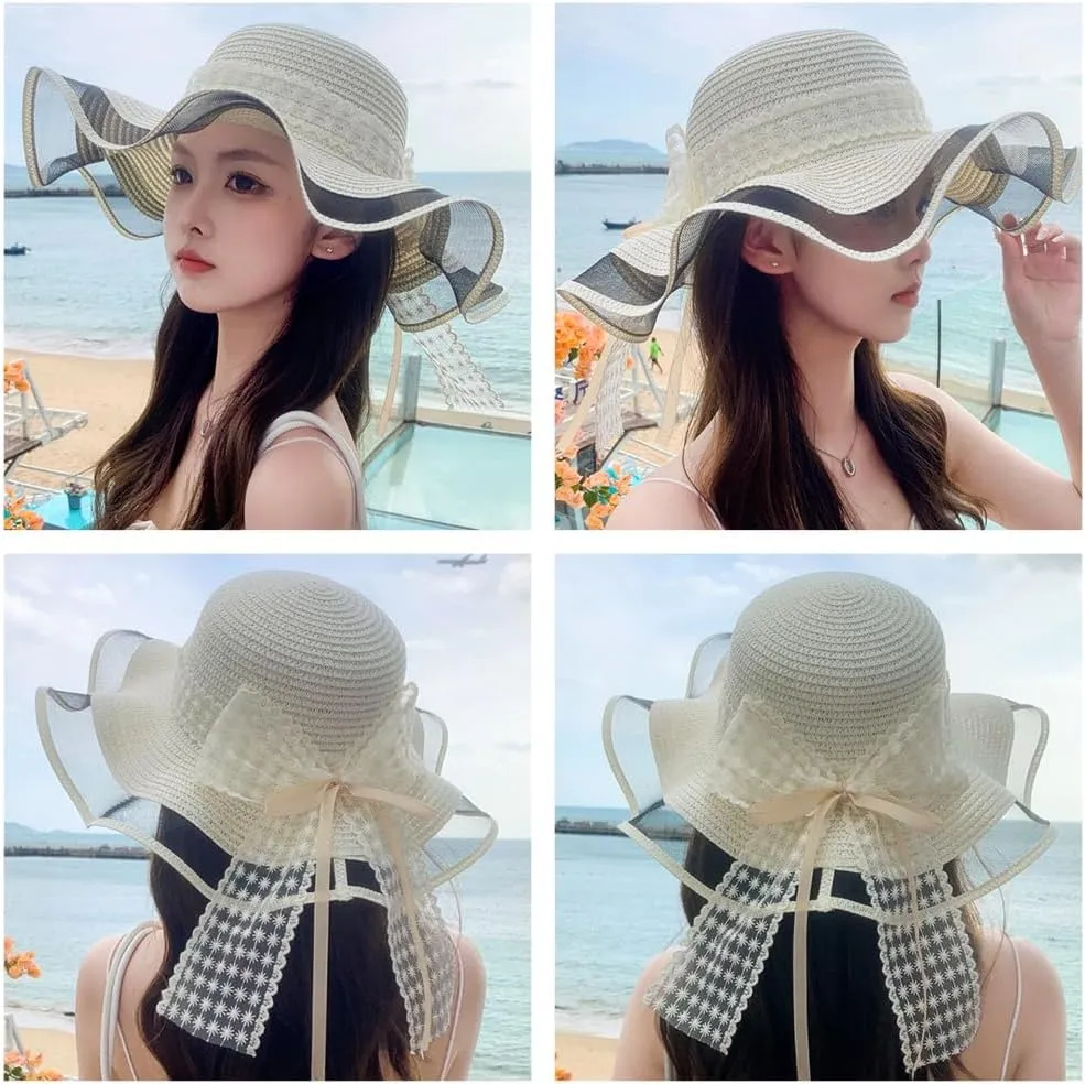Women Beach Hat Straw Wide Brim Summer Sun Protection Hats for Travel Party