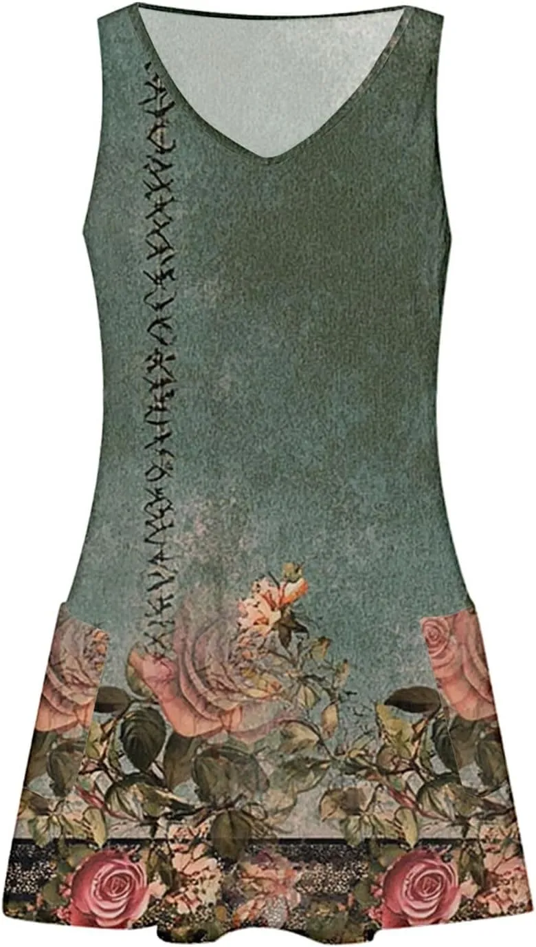 Womens 2025 Summer Midi Dress Sleeveless Boho Floral Printed V Neck Spaghetti Strap Beach Long Dress with Pockets