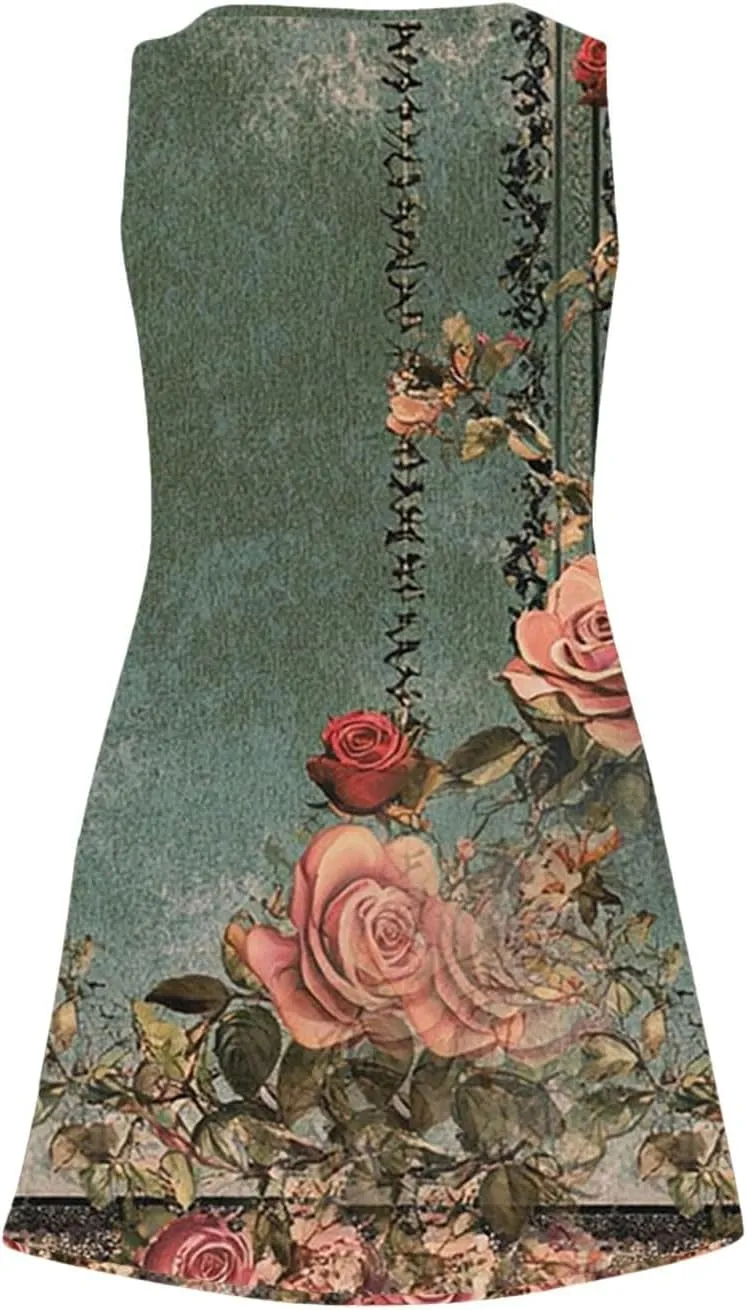 Womens 2025 Summer Midi Dress Sleeveless Boho Floral Printed V Neck Spaghetti Strap Beach Long Dress with Pockets