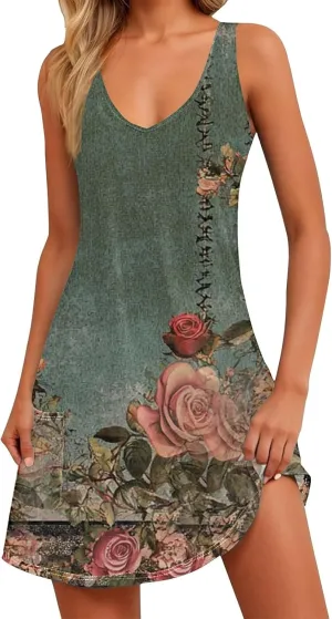 Womens 2025 Summer Midi Dress Sleeveless Boho Floral Printed V Neck Spaghetti Strap Beach Long Dress with Pockets