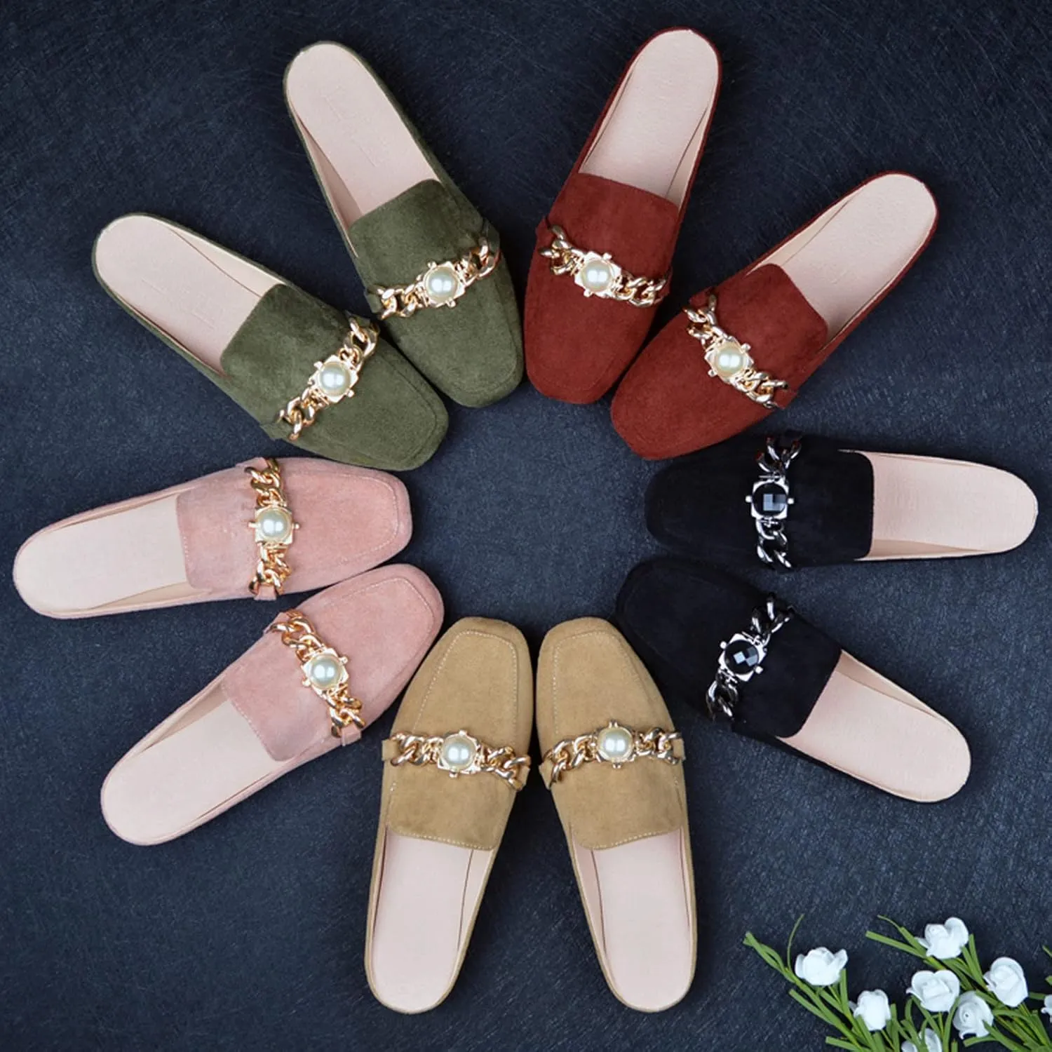 Women's Chain Pearl Square Toe Suede Backless Mule,Fashion Comfortable Flat Slip on Half Slippers Closed Toe Loafer Shoes