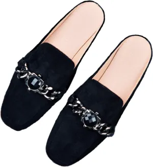 Women's Chain Pearl Square Toe Suede Backless Mule,Fashion Comfortable Flat Slip on Half Slippers Closed Toe Loafer Shoes
