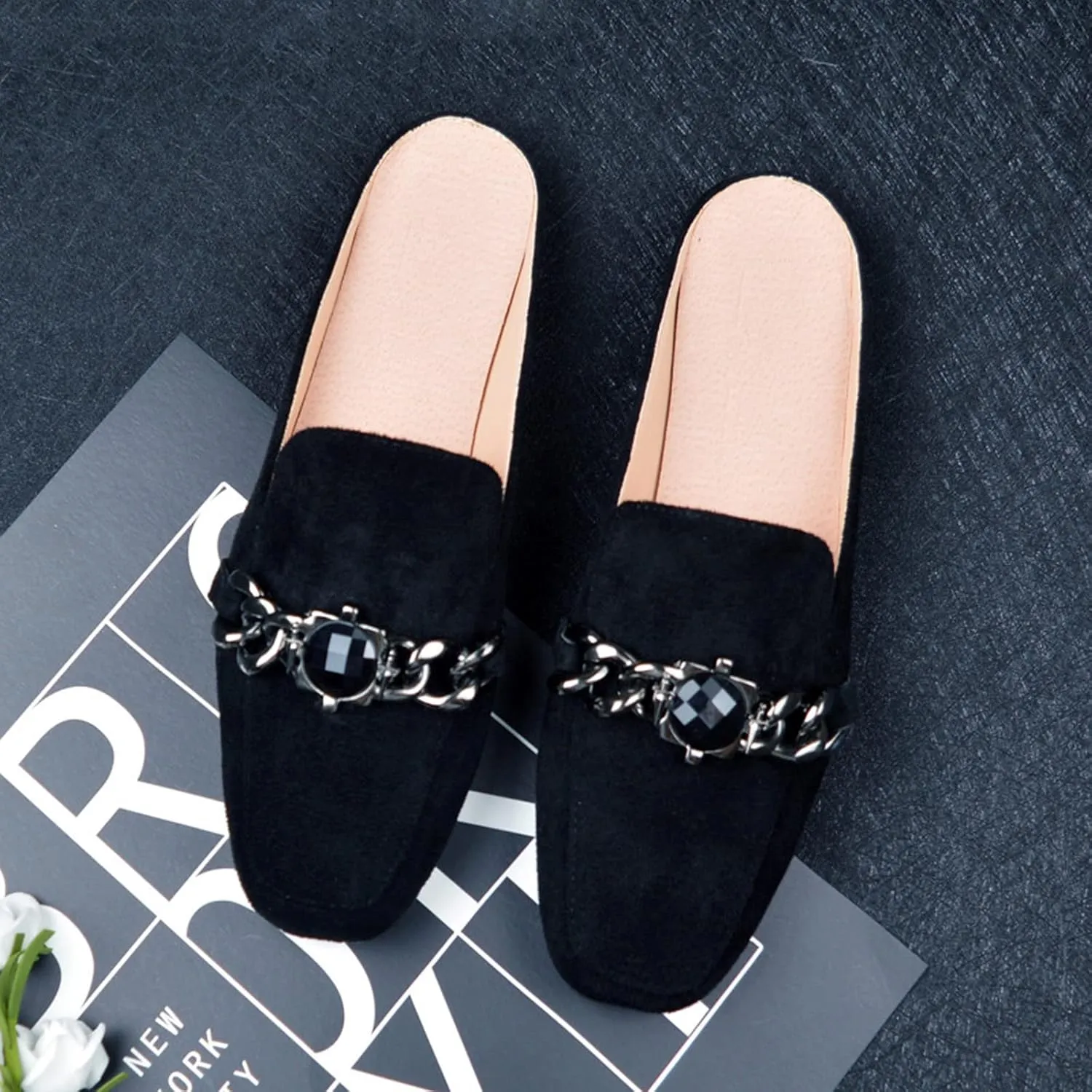 Women's Chain Pearl Square Toe Suede Backless Mule,Fashion Comfortable Flat Slip on Half Slippers Closed Toe Loafer Shoes