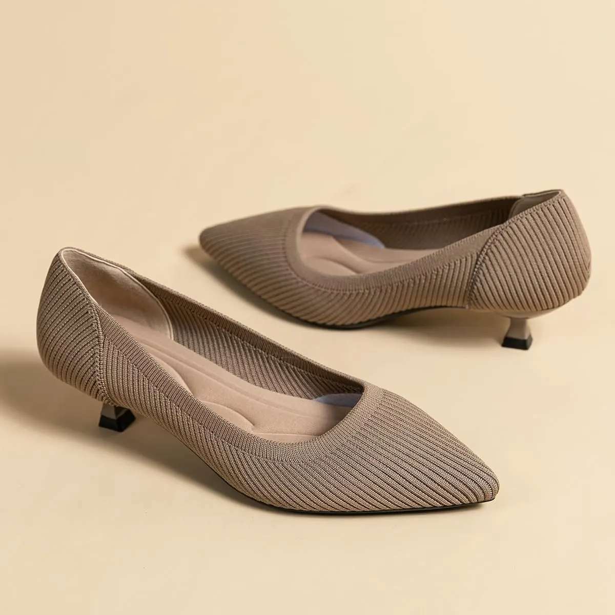 Women's Kitten Heels Pointed Toe Knit Pumps Slip On Foldable Comfortable Casual Formal Dress Shoes