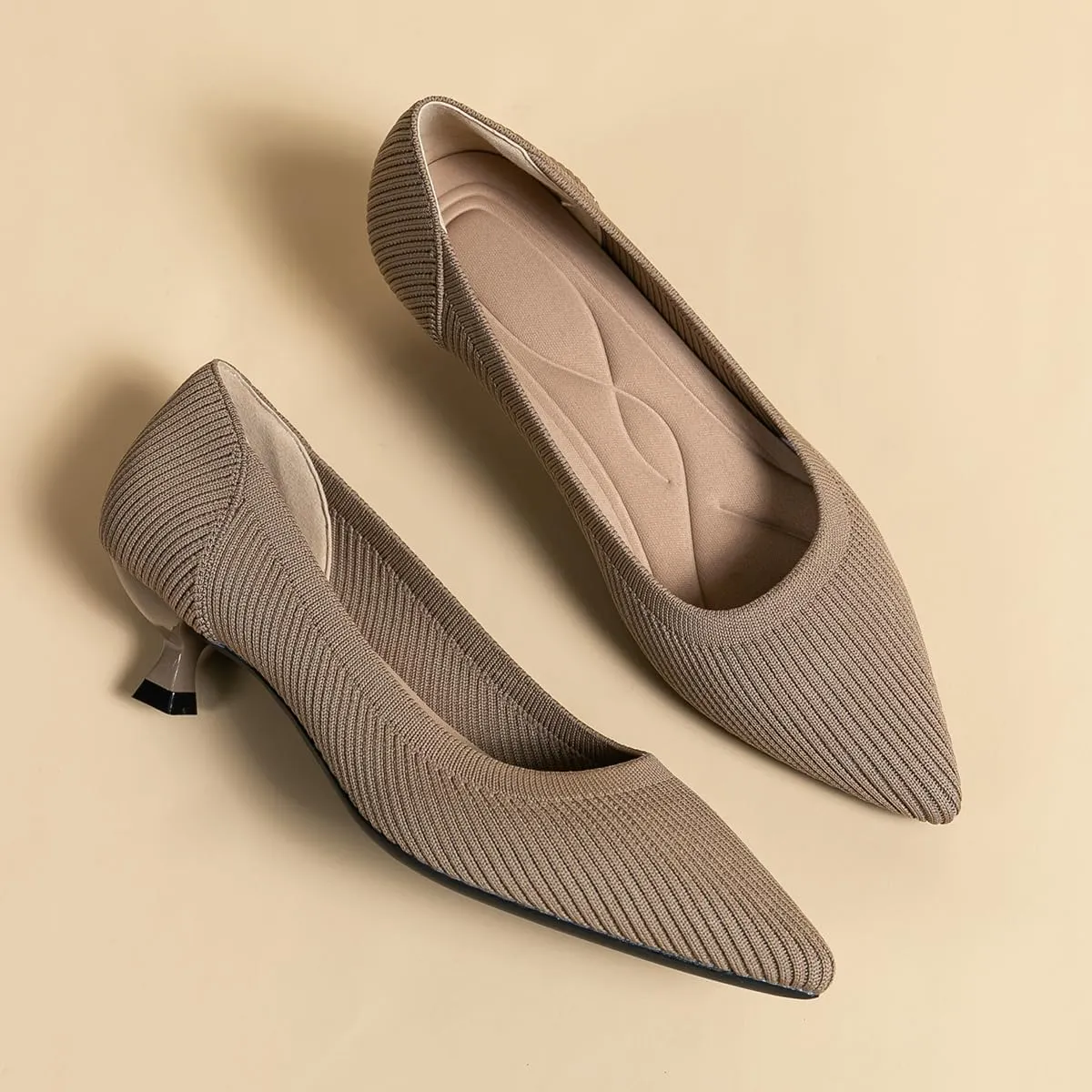 Women's Kitten Heels Pointed Toe Knit Pumps Slip On Foldable Comfortable Casual Formal Dress Shoes