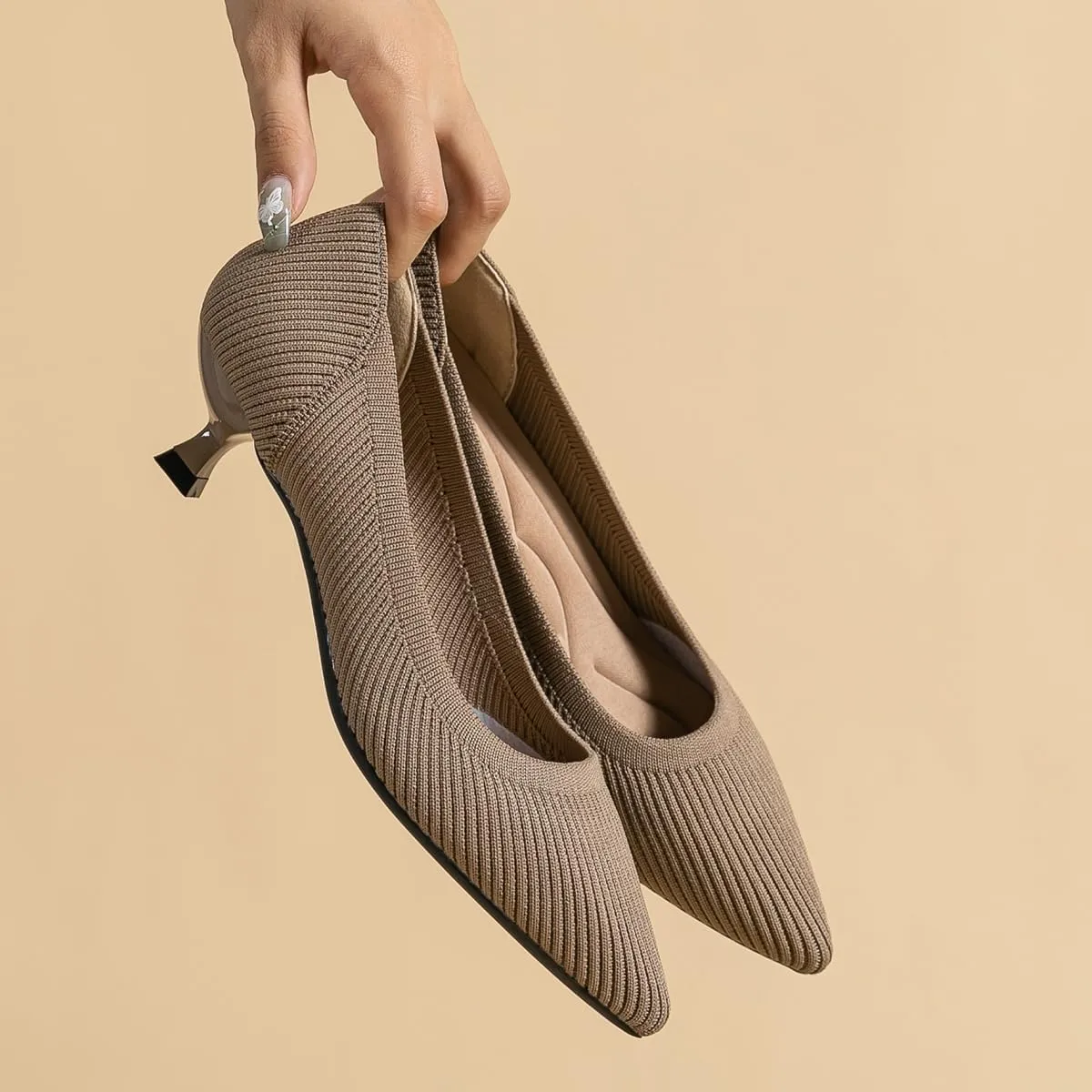 Women's Kitten Heels Pointed Toe Knit Pumps Slip On Foldable Comfortable Casual Formal Dress Shoes