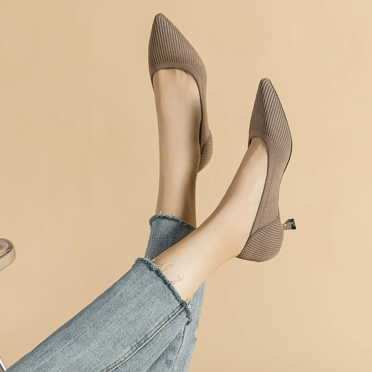 Women's Kitten Heels Pointed Toe Knit Pumps Slip On Foldable Comfortable Casual Formal Dress Shoes