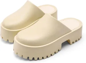 Women's Solid Color Cushioned Flatform Sandals, Slip-on Casual Platform Slides, Trendy EVA Round Toe Summer Garden Shoes, Black Platform Mule Clogs for Women