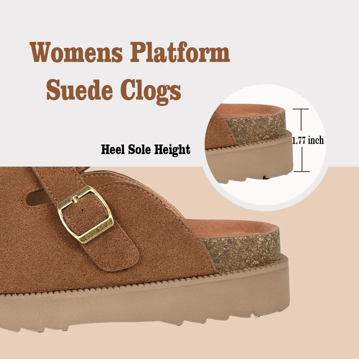 Women's Suede Clogs Leather Mules Comfort Cork Footbed Platform Clogs Adjustable Buckle Slip On Sandals Potato Shoes with Arch Support