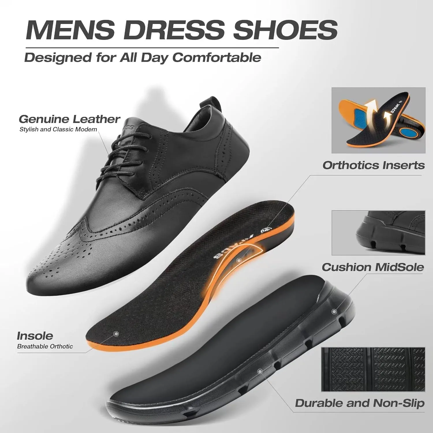 XPACS Men's Orthopedic Leather Dress Walking Shoes: Comfortable Arch Support Orthotic Plantar Fasciitis Business Formal Oxford, Flat Feet Casual Tennis Working Shoes for Foot and Heel Pain Relief
