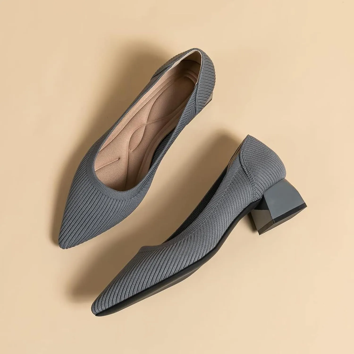 youngshow Women's Pumps Kitten Heels Pointed Toe Knit Slip On Comfortable Casual Formal Dress Shoes