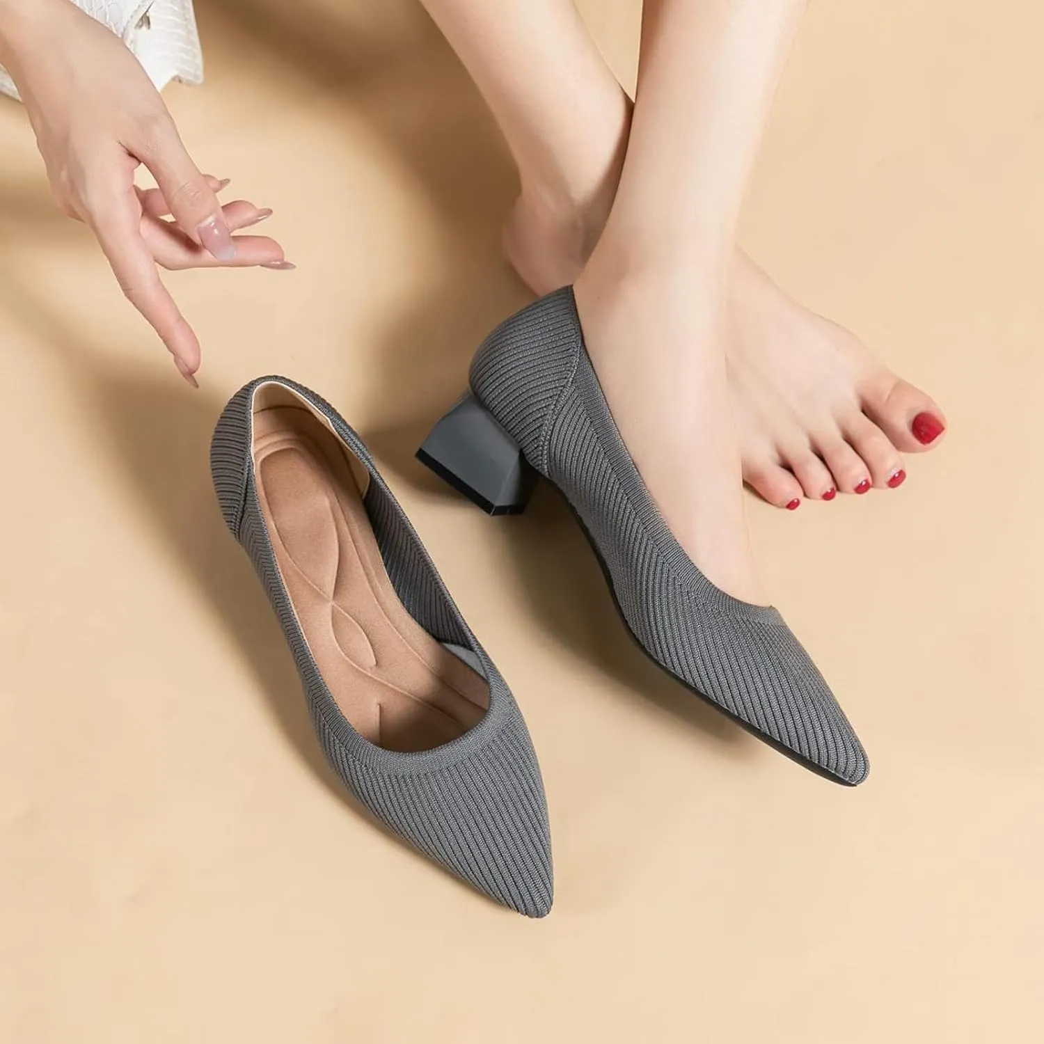 youngshow Women's Pumps Kitten Heels Pointed Toe Knit Slip On Comfortable Casual Formal Dress Shoes