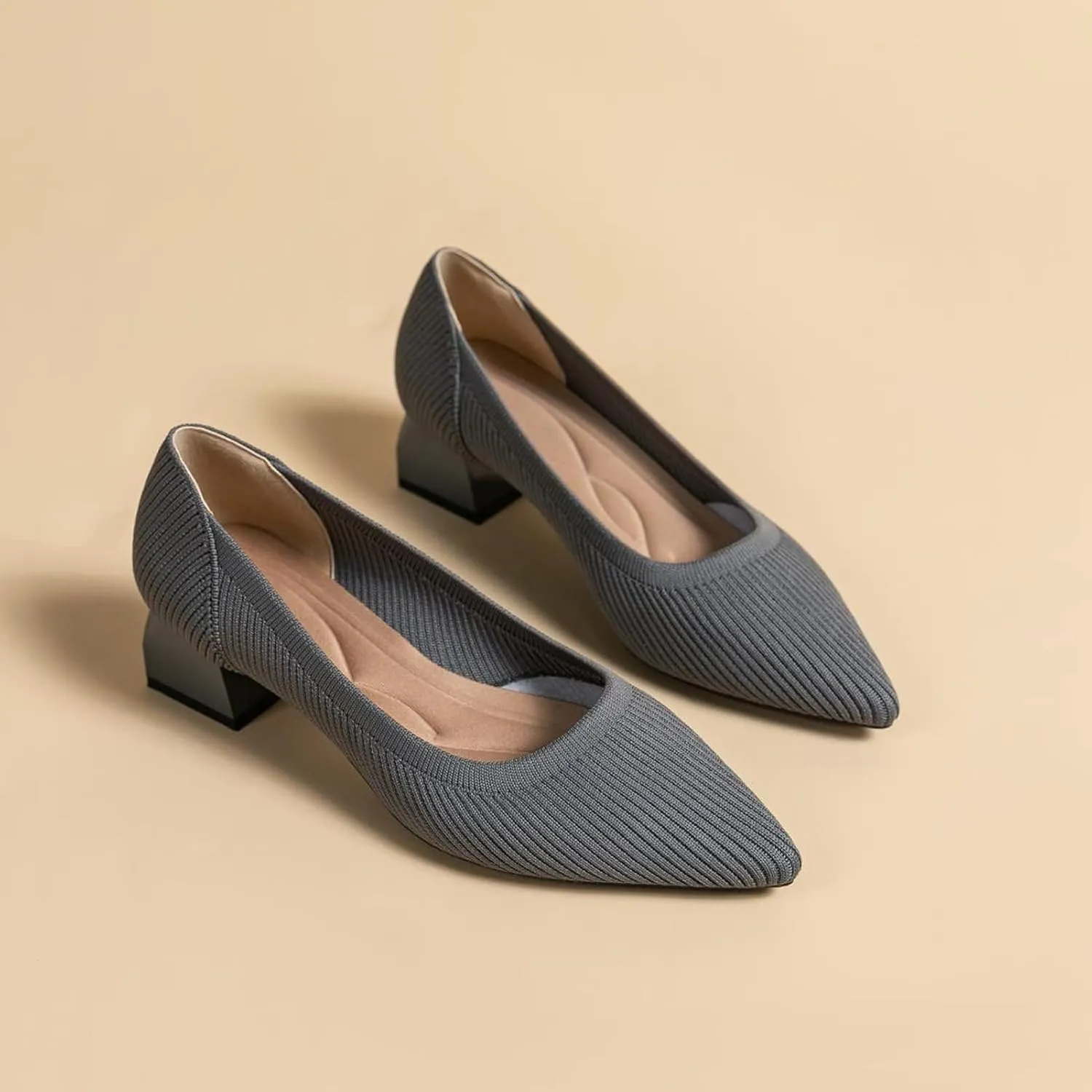 youngshow Women's Pumps Kitten Heels Pointed Toe Knit Slip On Comfortable Casual Formal Dress Shoes